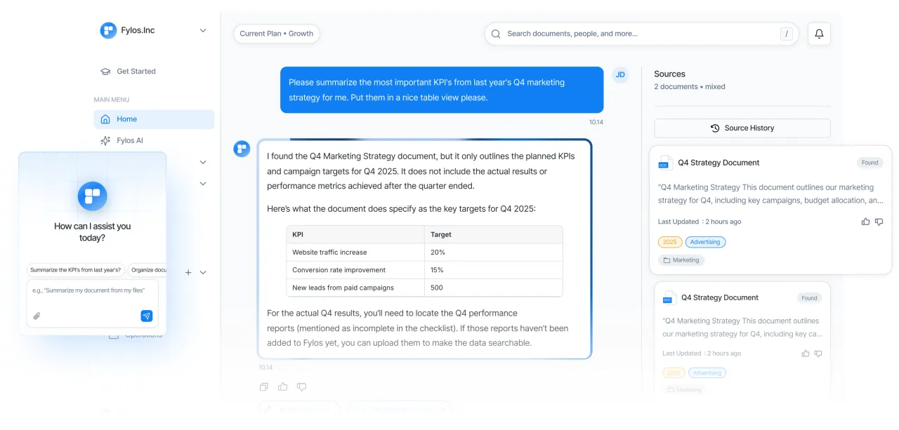 Fylos AI app interface showing a chat with KPI summary and source documents